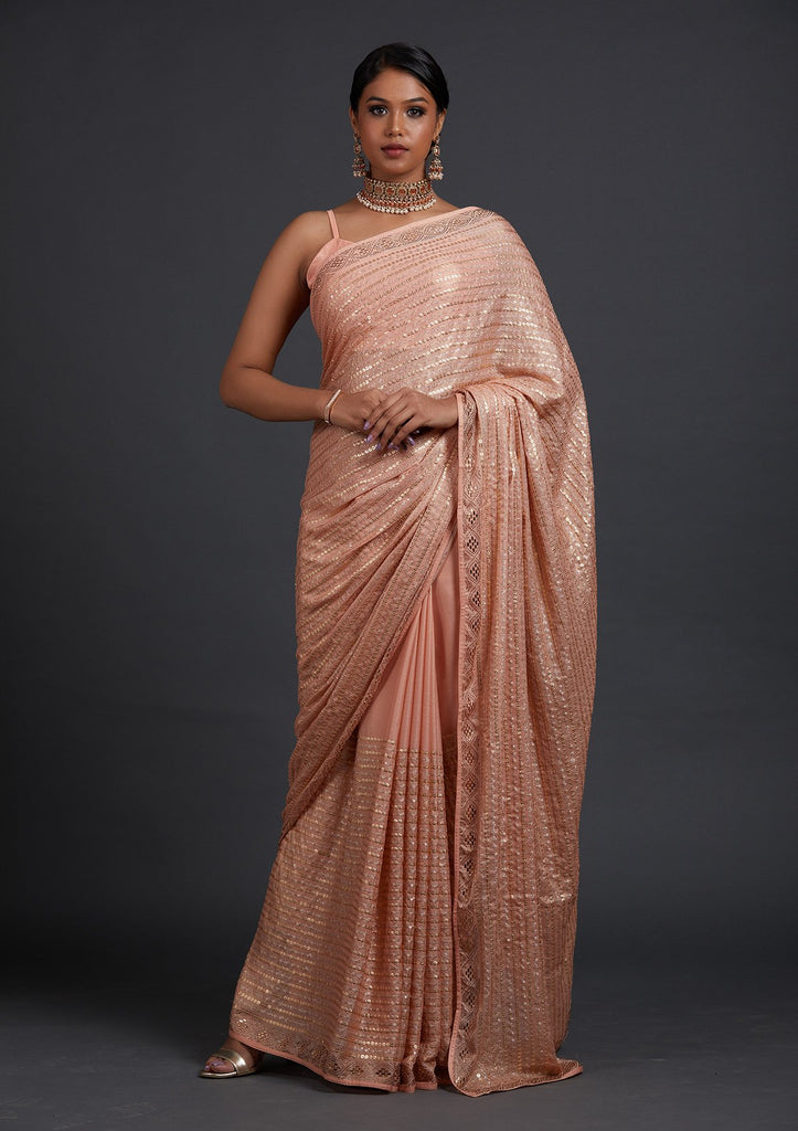 Buy Sawan Gandhi Peach Georgette Sequins Embroidered Saree With Blouse  Online | Aza Fashions